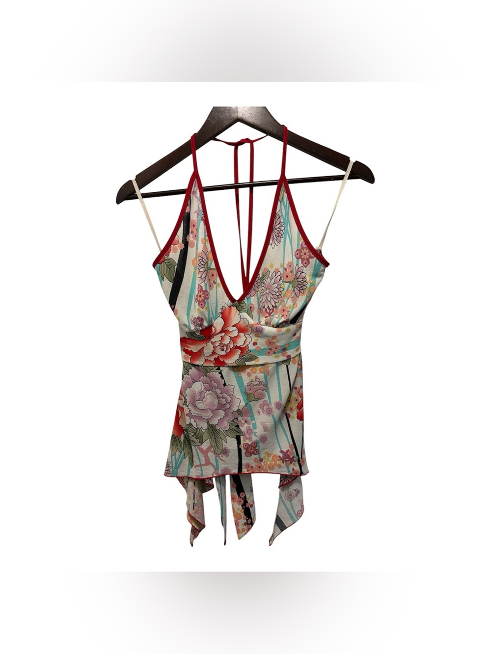 Vintage Y2K Asymmetrical Halter Top handkerchief Hem Floral Print Whimsy Goth